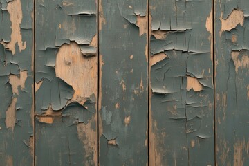 Poster - A close-up view of a weathered wooden surface, featuring peeling paint and a textured, rustic appearance.
