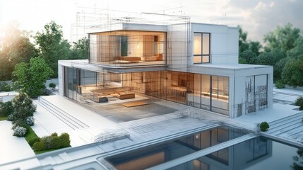 Poster - A large white house with a pool and a large glass window
