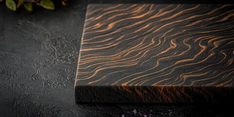 Poster - A textured wooden surface with wavy patterns, highlighted by subtle colors, set against a dark background, creating an elegant and natural look.