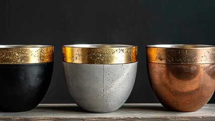Poster - A trio of decorative bowls showcasing a mix of black, gray, and copper colors, each featuring a shiny gold accent. They sit against a dark background, highlighting their unique designs.