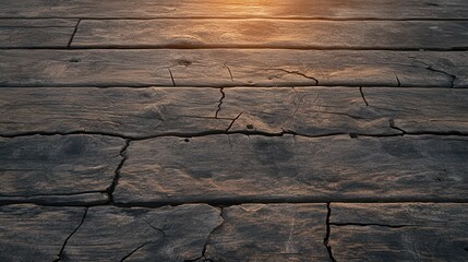 Aufkleber - The image depicts a weathered wooden surface with cracks, illuminated by soft sunlight, creating a rustic and serene atmosphere.