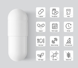 Wall Mural - Realistic white capsule with two halves mockup and set icons. Vector illustration isolated on grey background. Can be used for medical, cosmetic and sport nutrition. EPS10.	