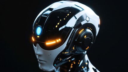 Aufkleber - Close-up of a futuristic robot head with glowing lights and a blue eye.
