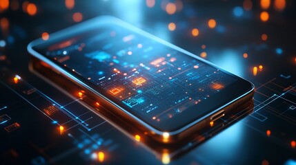 Poster - Futuristic smartphone displaying digital data on a circuit board.