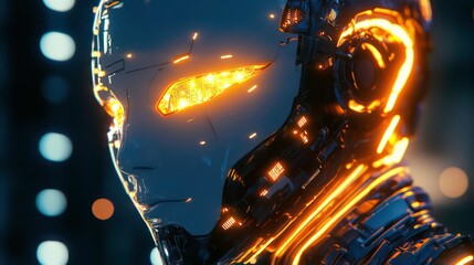 Aufkleber - Close-up of futuristic robot head with illuminated features. Robotics marketing or sci-fi storytelling.