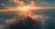 © ANUAR - Majestic Sunrise Over Cloudy Mountain, Cross Silhouette Bathed in Golden Light, Serene Scene of Hope and Faith in Nature's Embrace