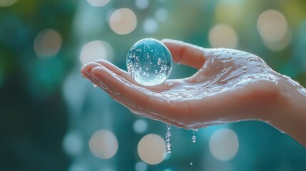 Poster - Hand Holding Water Drop with Clear Bubble Reflecting Nature Elements