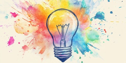 Poster - Vibrant Watercolor Painting of a Light Bulb with Splashing Colors