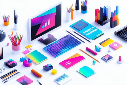 Colorful workspace with computer, stationery, and charts.