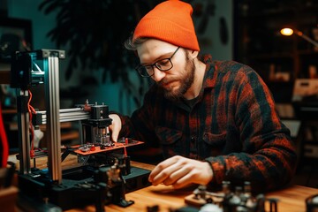 Poster - Portrait of a tech enthusiast assembling a 3D printer.