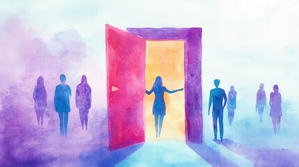 Poster - Watercolor Artwork of Person Holding Open Door Surrounded by Silhouettes