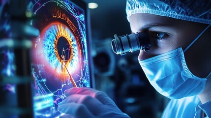 Poster - modern ophthalmologist examining eye with advanced technology