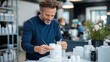© Pinklife - A middle-aged man with a blue sweater carefully examines a jar in a retail or laboratory setting, surrounded by other skincare products and flower arrangements.