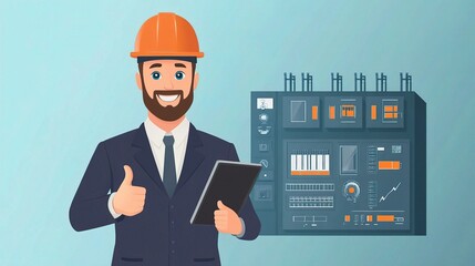 Poster - Professional Supervisor in Suit and Hardhat with Equipment Background