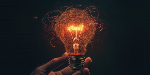 Poster - A glowing light bulb held in a hand, radiating vibrant orange light against a dark background, symbolizing creativity and inspiration.