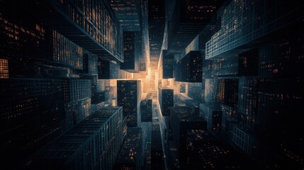 Poster - A futuristic cityscape with towering structures and a bright, glowing center, creating a sense of depth and technological advancement.
