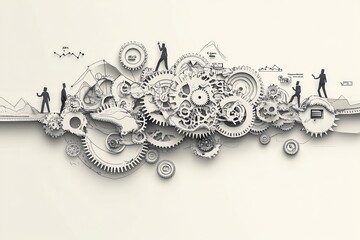Poster - A creative depiction of gears and silhouettes, symbolizing teamwork, innovation, and mechanical design in a harmonious layout.