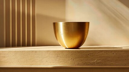 Aufkleber - A beautifully crafted golden bowl sits on a smooth wooden table, highlighting its shine. Soft afternoon light casts gentle shadows, enhancing the serene atmosphere.