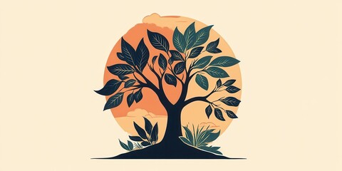 Poster - A stylized tree silhouette with vibrant leaves against a warm, circular backdrop, symbolizing nature and growth.