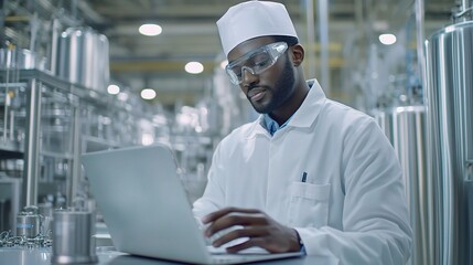 Poster - Focused Male Engineer Working Diligently on Laptop in Modern Facility