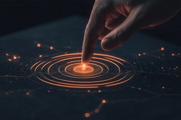 Aufkleber - A hand touches a glowing circular pattern, symbolizing interaction with technology and data visualization in a dark, atmospheric setting.
