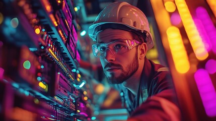 Poster - Focused Technician Wearing Hard Hat and Safety Glasses in Workspace