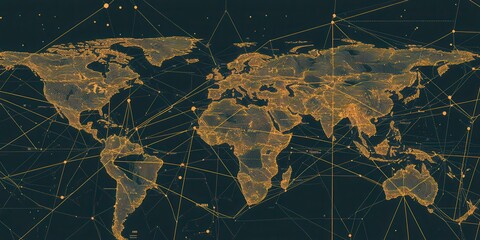 Aufkleber - A stylized world map featuring interconnected lines and nodes, representing global networks and data flow.