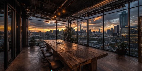 Poster - A modern conference room with a large wooden table, surrounded by glass walls, showcasing a stunning sunset view over the city skyline.