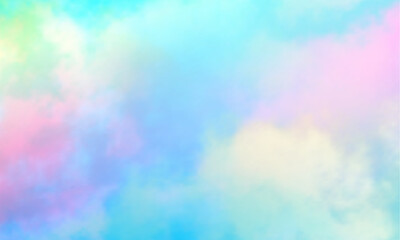 Poster - Colorful watercolor background of abstract sunset sky with puffy clouds in pastel rainbow colors of pink blue yellow orange and