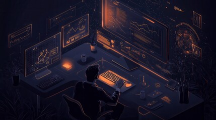 Fototapete - A person sits at a futuristic desk surrounded by glowing screens, immersed in data analysis and digital information.