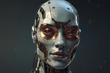 Poster - Young android head robot nice woman with part of skin and metal on a face