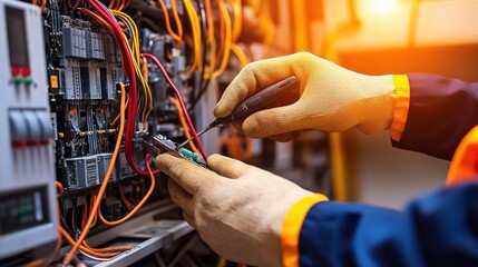 Poster - Electrician Engineer Checking Equipment in Substation Control Room