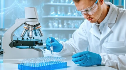 Poster - Scientist Examining Samples with Microscope in Modern Lab