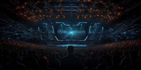 Poster - A futuristic concert scene with a crowd watching an illuminated stage, featuring vibrant blue lights and a high-tech atmosphere.