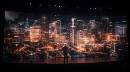 Fototapete - A speaker stands before a vibrant digital cityscape, showcasing illuminated skyscrapers and a dynamic urban atmosphere.