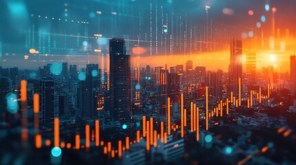Poster - Vibrant Double Exposure of Cityscape with Data Visualization Effects