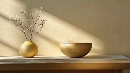 Aufkleber - A warm afternoon light illuminates a beautiful arrangement featuring a small vase with dried flowers and a larger ceramic bowl on a wooden table, creating a serene and inviting atmosphere.