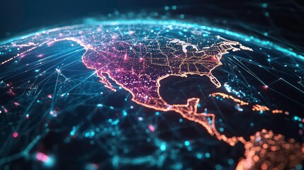Fototapete - A digital rendering of the North American continent, depicted as a glowing network of interconnected nodes and lines, representing global connectivity.