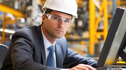 Fototapete - Male Engineer Working on Computer in Industrial Environment