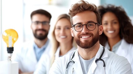 A group of confident medical professionals poses together, symbolizing health innovation and collaboration in a medical setting with a focus on wellness and teamwork.