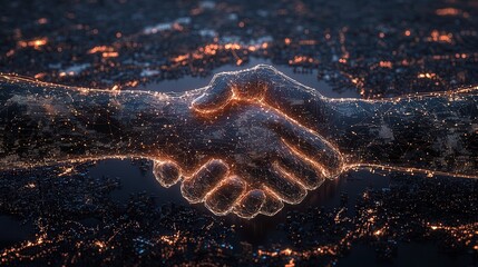 Aufkleber - A digital illustration of two hands shaking, illuminated with lights, symbolizing partnership and collaboration over a cityscape.