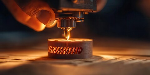 Poster - A close-up of a hand operating a laser cutter, focusing on intricate details of a circular object being engraved with precision.