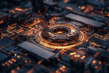 Poster - A close-up view of a futuristic circuit board featuring intricate designs and glowing elements, highlighting advanced technology in action.