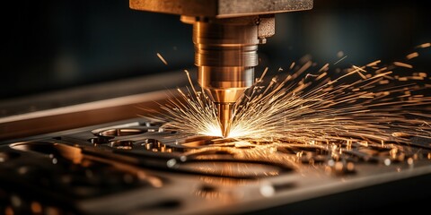 Aufkleber - A close-up of a laser cutting machine in action, producing sparks as it engraves intricate designs on metal.