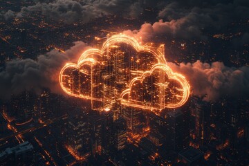 Poster - A glowing cloud symbol illuminates a cityscape at night, surrounded by dramatic clouds and a vibrant atmosphere.