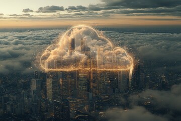 Aufkleber - A futuristic cityscape emerges from a glowing cloud above the clouds, blending technology and nature in a surreal sunset setting.