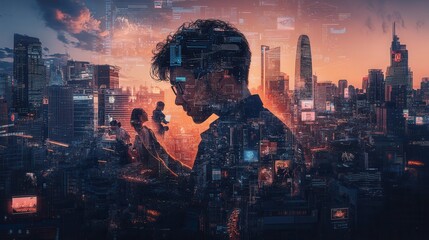 Fototapete - A silhouette of a person against a vibrant cityscape, overlaid with digital elements, symbolizing the intersection of technology and urban life.