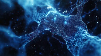 Poster - An abstract blue cell image against a dark background illustrates cellular structures and biological processes.