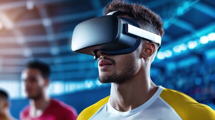 Poster - Man Wearing Virtual Reality Headset Experiencing Futuristic Digital Entertainment