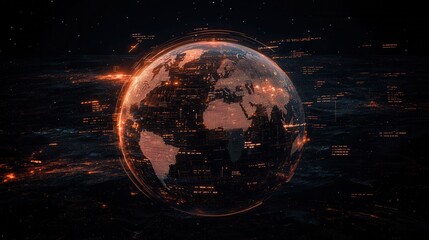Aufkleber - A glowing digital representation of Earth, surrounded by swirling data elements and a dark background, illustrating a futuristic global network.